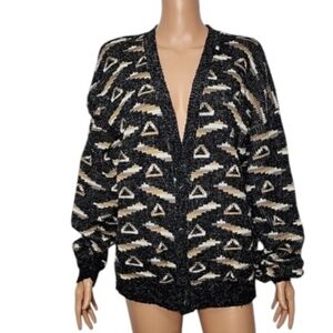 Scandia Cardigan‎ Sweater Mens XL Vintage Golf Grandpa Geometric Print Black USA